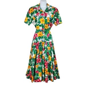 Melissa Vintage Colorful Tropical Floral Print Fit & Flare Shirt Dress Size 6P